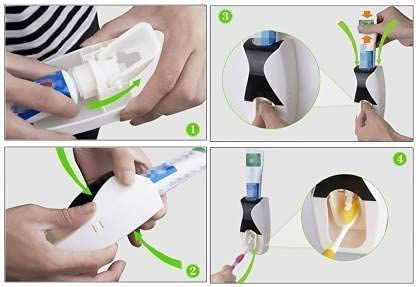 Hands Free Wall Mounted Plastic Dust Proof Automatic Toothpaste Dispenser and Detachable Hole 5 Toothbrush Holder