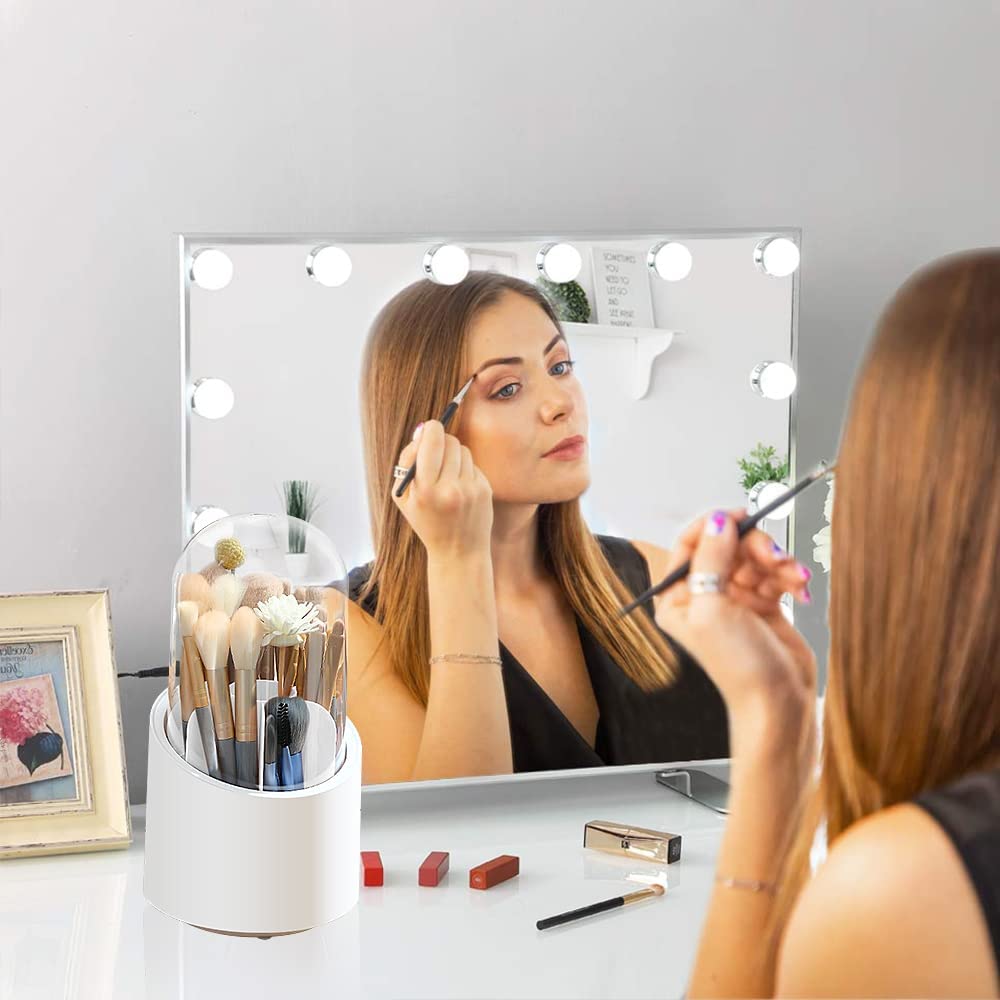 Rotating Cosmetic Brush Storage Box for Vanity Home Office Bedroom Dressing Table Bathroom Cabinet Cosmetic Brush Organizer Makeup Brush Holder Makeup Brushes Organizer with Lid