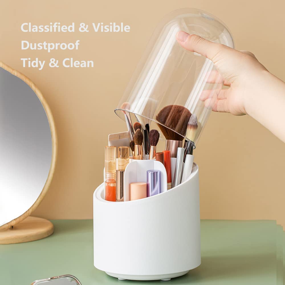 Rotating Cosmetic Brush Storage Box for Vanity Home Office Bedroom Dressing Table Bathroom Cabinet Cosmetic Brush Organizer Makeup Brush Holder Makeup Brushes Organizer with Lid