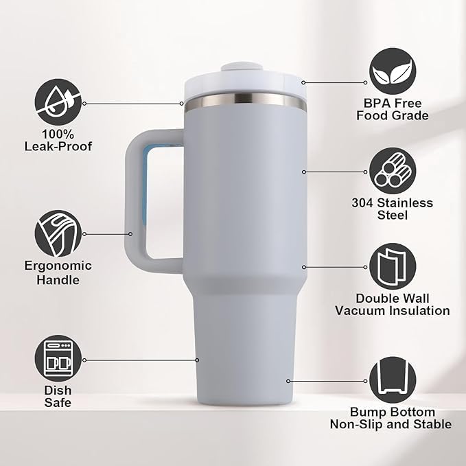 Hot and Cold Tumbler with Handle and Straw Lid Double Insulated Cup Reusable Stainless Steel Water Bottle
