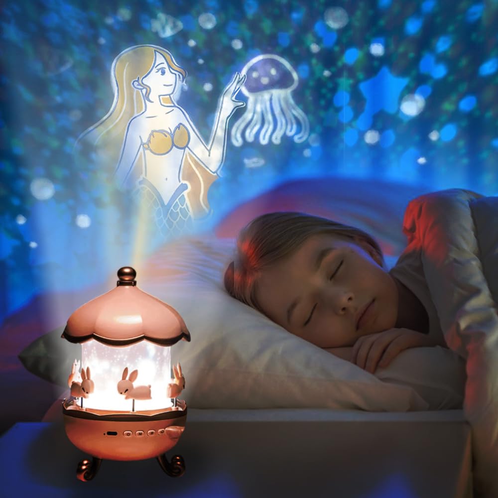 Plastic Bunny Night Light Cabin Projector Lamp 360° Rotatable LED for Kids Room Décor