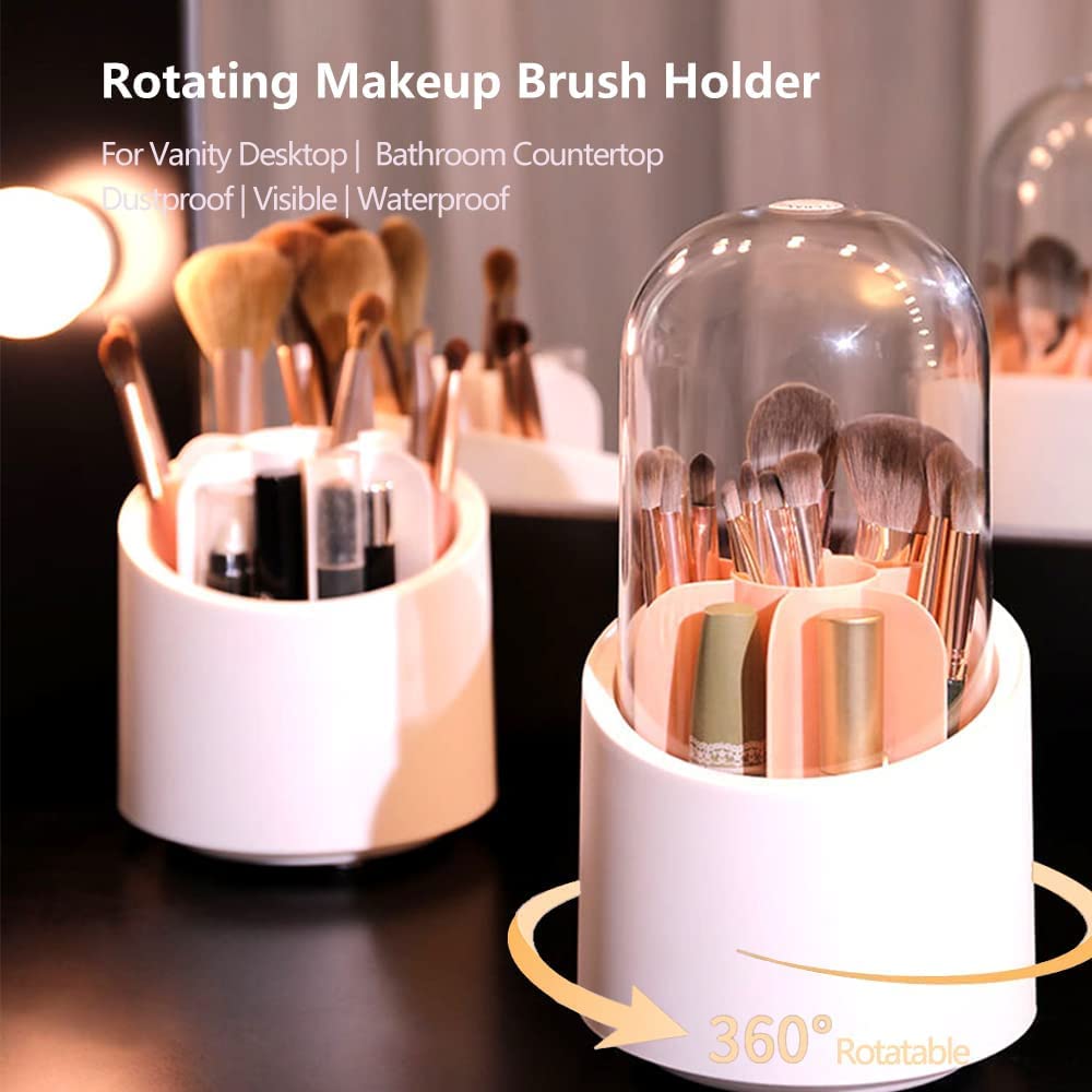Rotating Cosmetic Brush Storage Box for Vanity Home Office Bedroom Dressing Table Bathroom Cabinet Cosmetic Brush Organizer Makeup Brush Holder Makeup Brushes Organizer with Lid