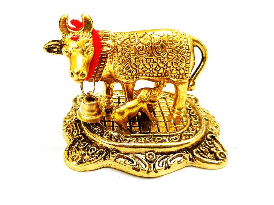 Handicraft Metal Kamdhenu Cow and Calf Idol Gold & Silver Finish Holy Spiritual Excellent Vastu Correction Remedy for Financial Problems