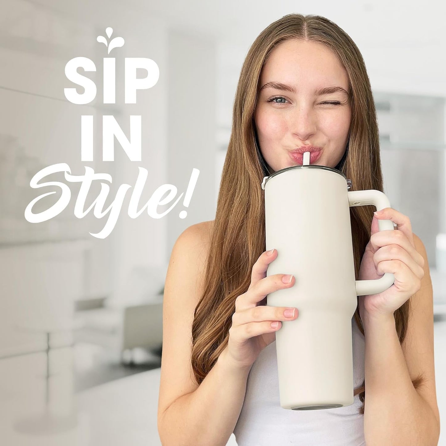 Hot and Cold Tumbler with Handle and Straw Lid Double Insulated Cup Reusable Stainless Steel Water Bottle