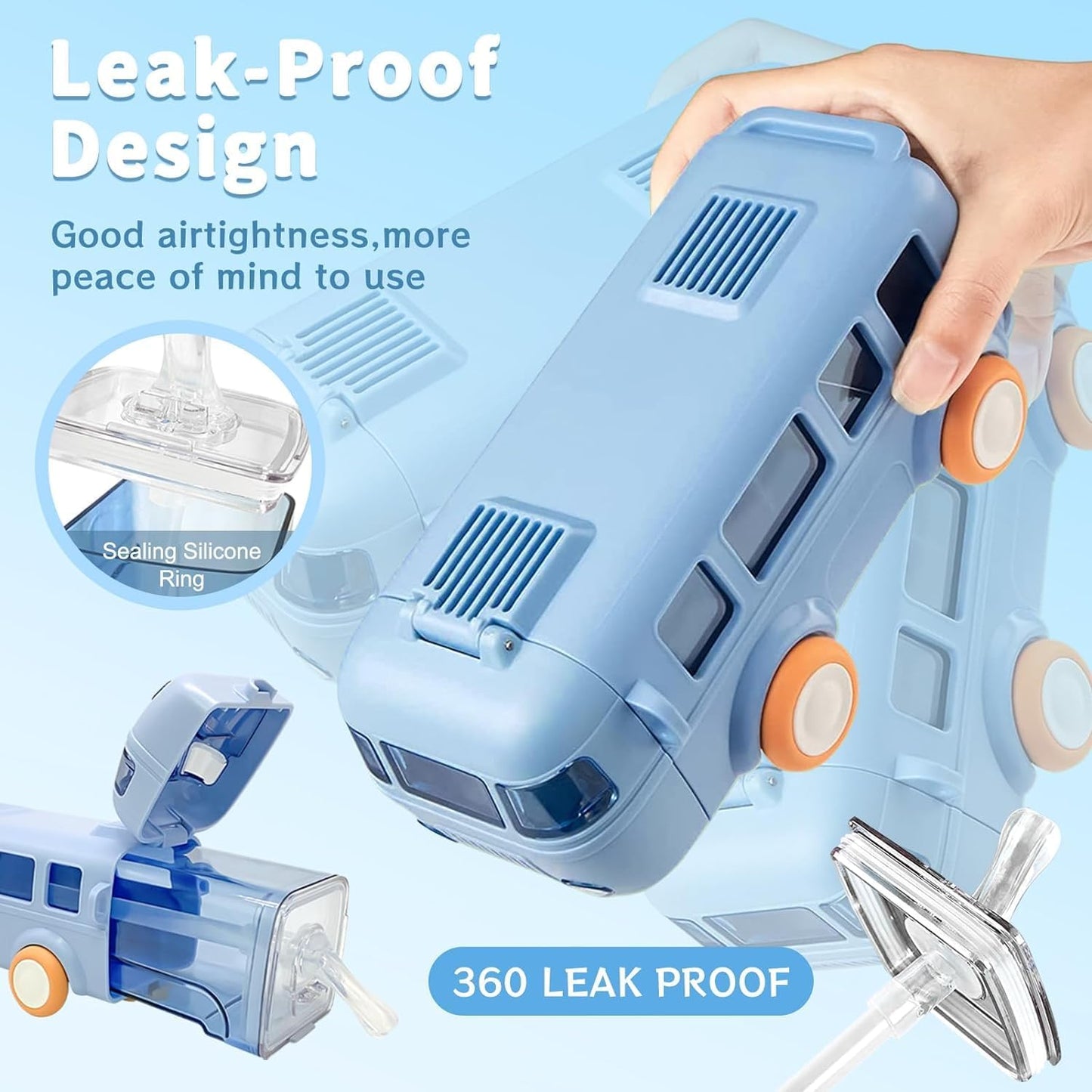 Bus Water Bottle For Kids With Strap, Sipper, & Straw