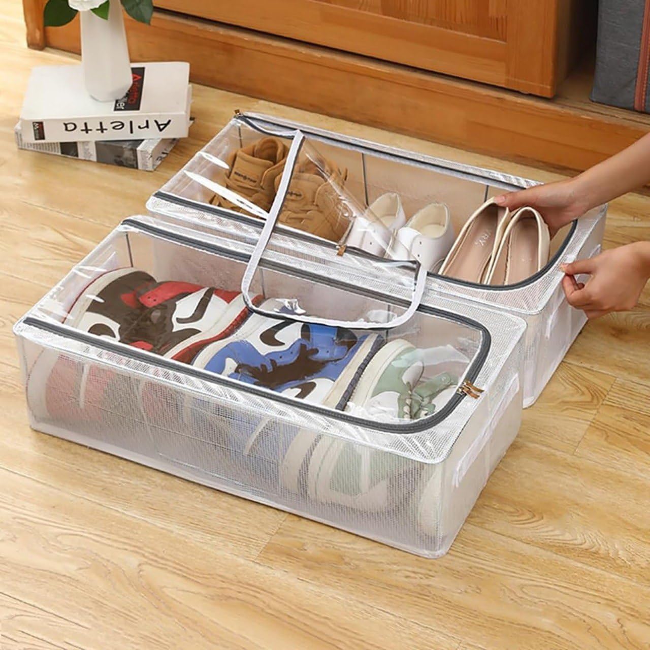 Bed Shoe Organizer with Zipper, Storage for Sneakers, Heels & Boots