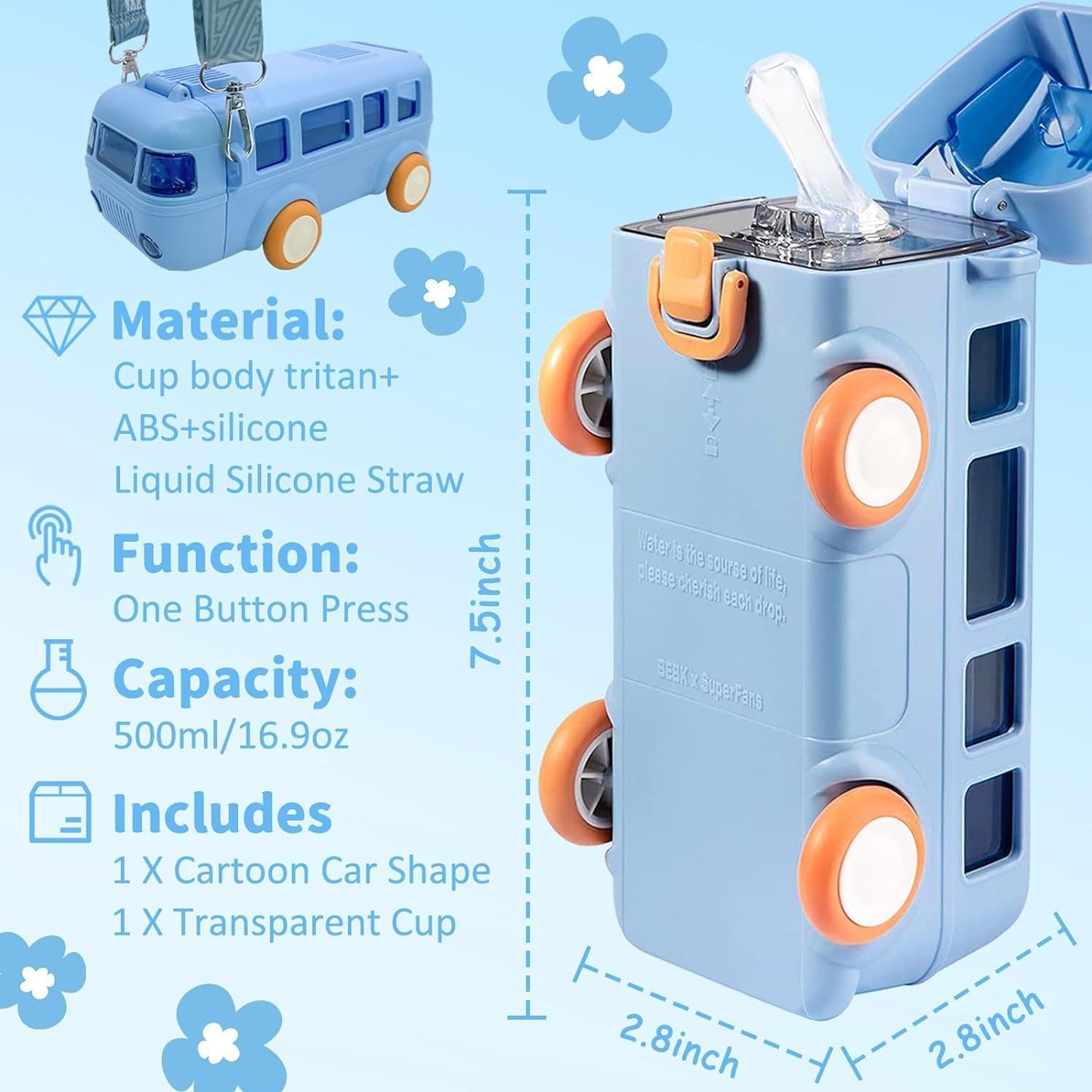 Bus Water Bottle For Kids With Strap, Sipper, & Straw