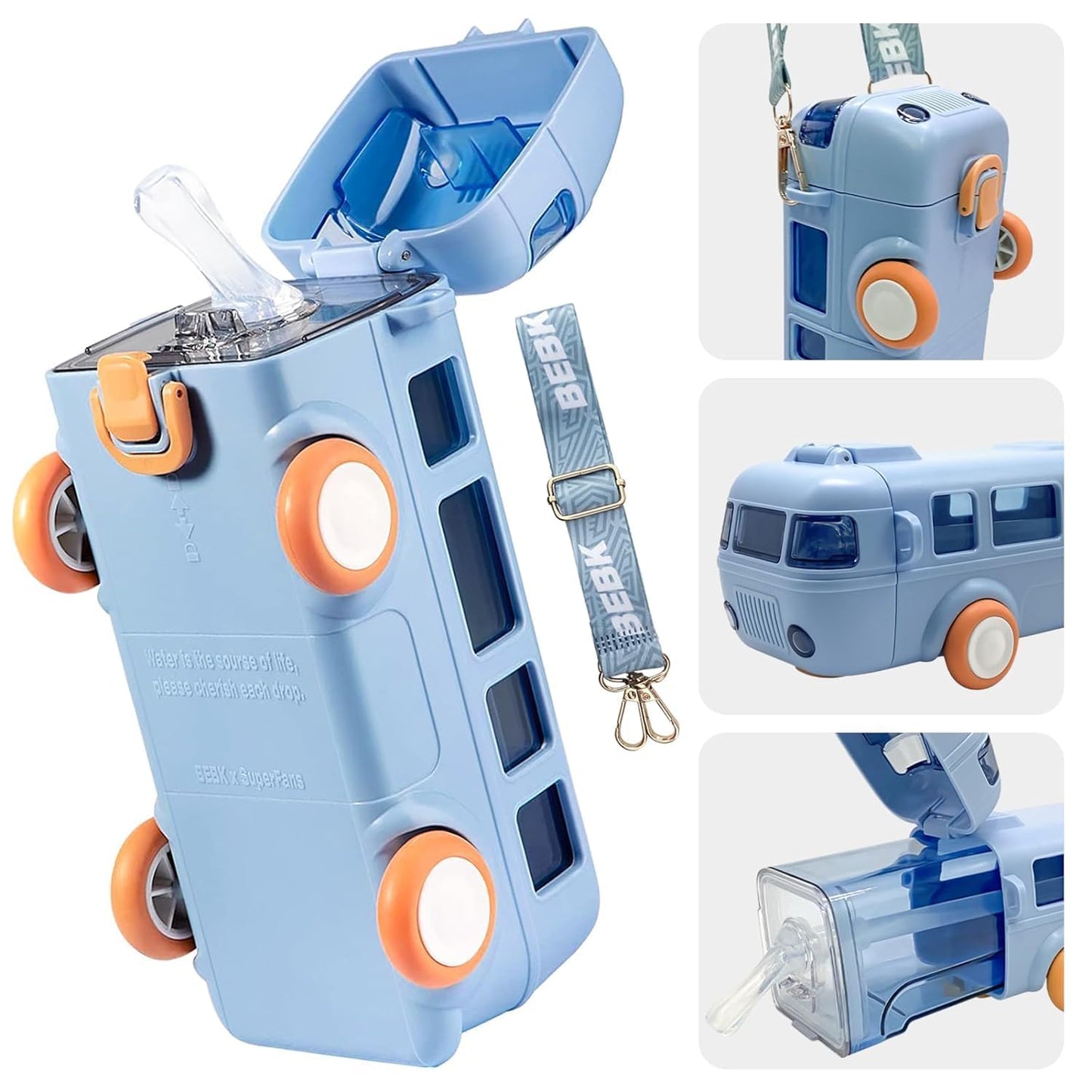 Bus Water Bottle For Kids With Strap, Sipper, & Straw