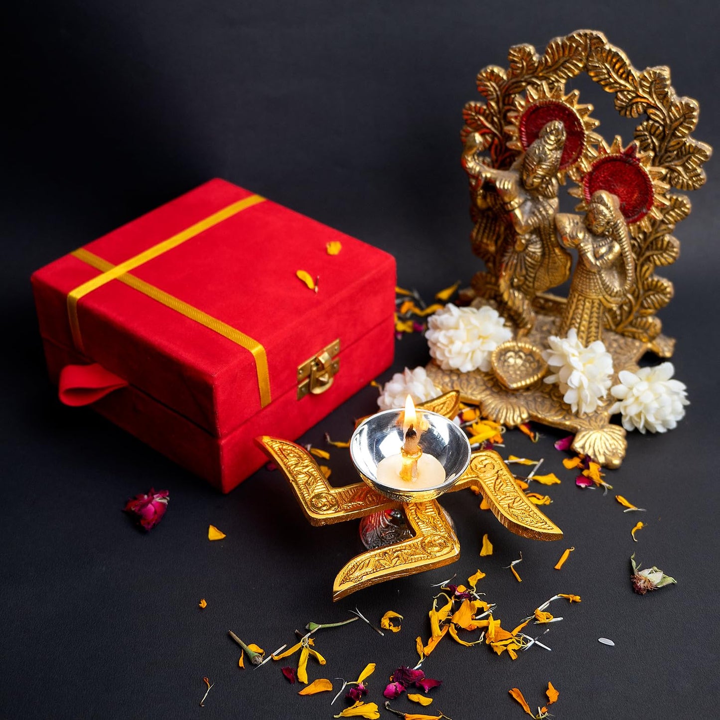 Brass Swastik Diya with Velvet Gift Box