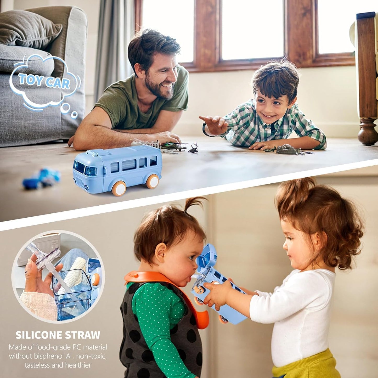 Bus Water Bottle For Kids With Strap, Sipper, & Straw