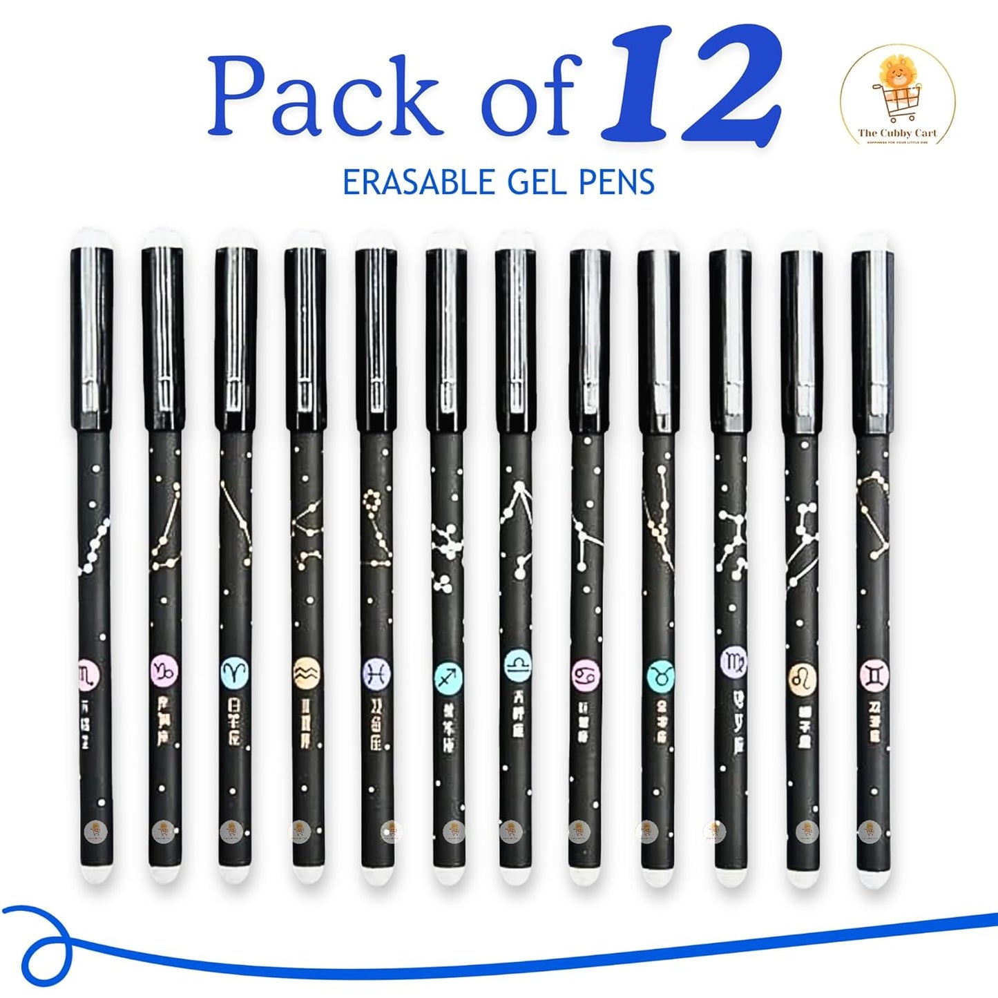 Erasable Galaxy Printed Zodiac Gel Pen with Constellation star Design, 0.5mm tip blue ink Office School Stationary Supplies { pack of 12 }