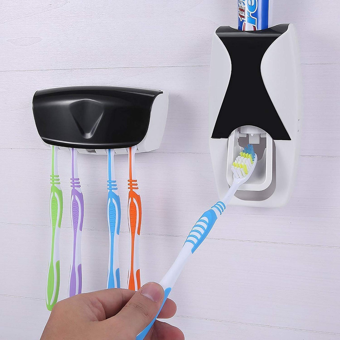 Hands Free Wall Mounted Plastic Dust Proof Automatic Toothpaste Dispenser and Detachable Hole 5 Toothbrush Holder