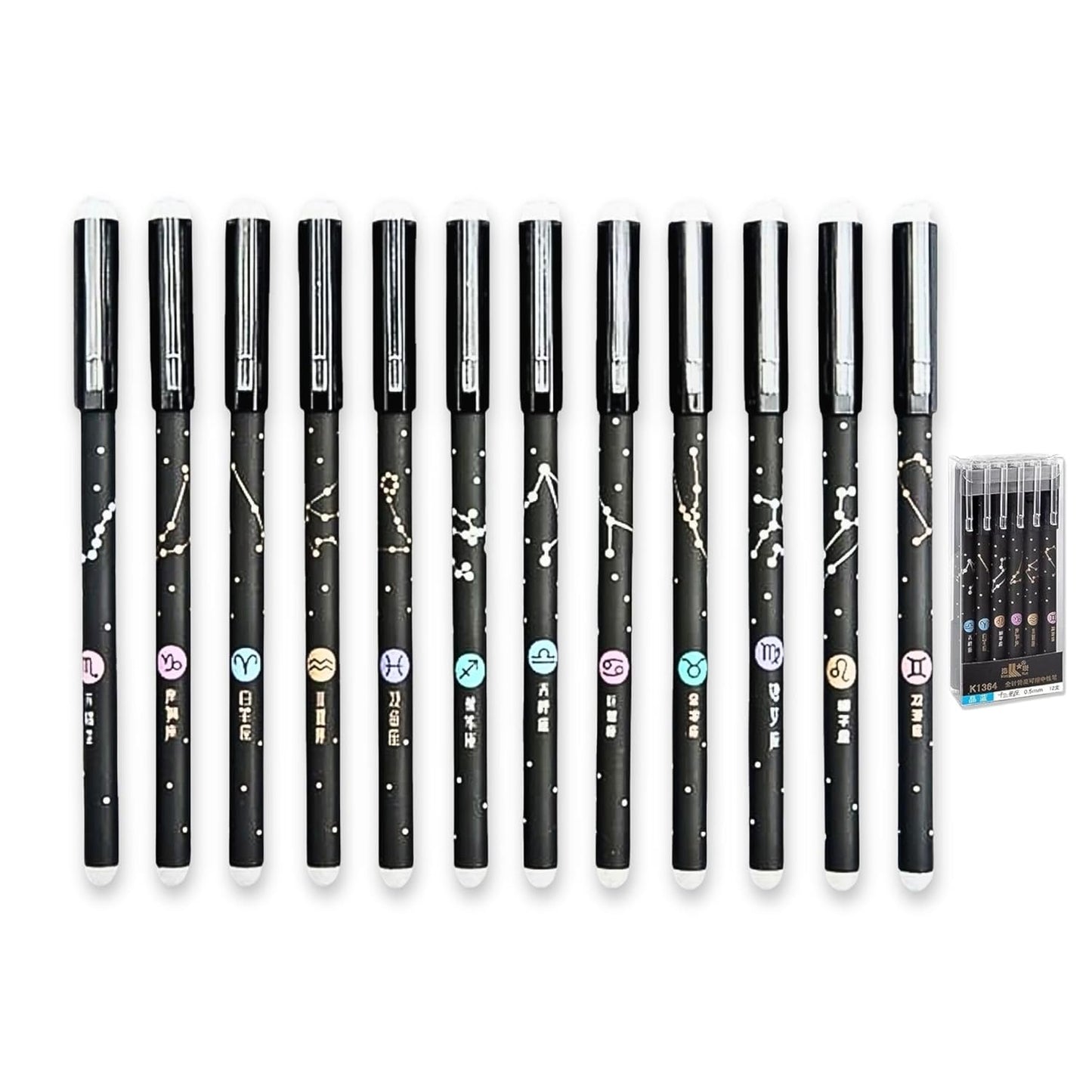 Erasable Galaxy Printed Zodiac Gel Pen with Constellation star Design, 0.5mm tip blue ink Office School Stationary Supplies { pack of 12 }