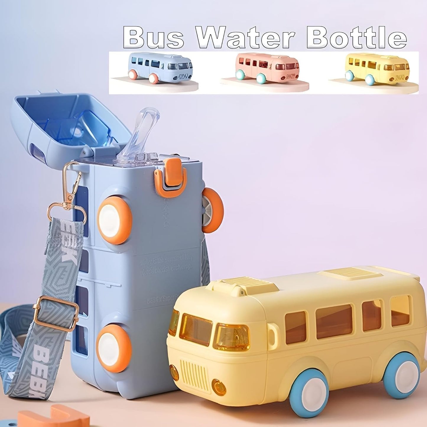 Bus Water Bottle For Kids With Strap, Sipper, & Straw