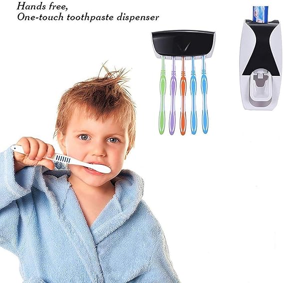 Hands Free Wall Mounted Plastic Dust Proof Automatic Toothpaste Dispenser and Detachable Hole 5 Toothbrush Holder