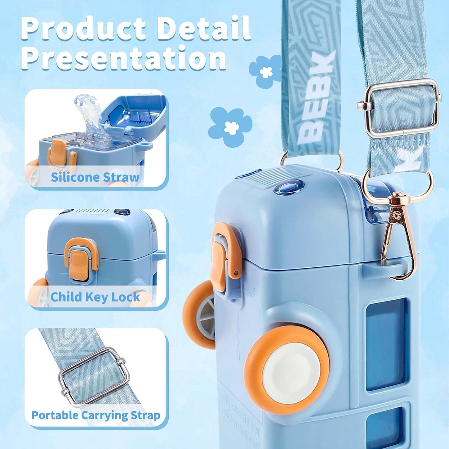 Bus Water Bottle For Kids With Strap, Sipper, & Straw