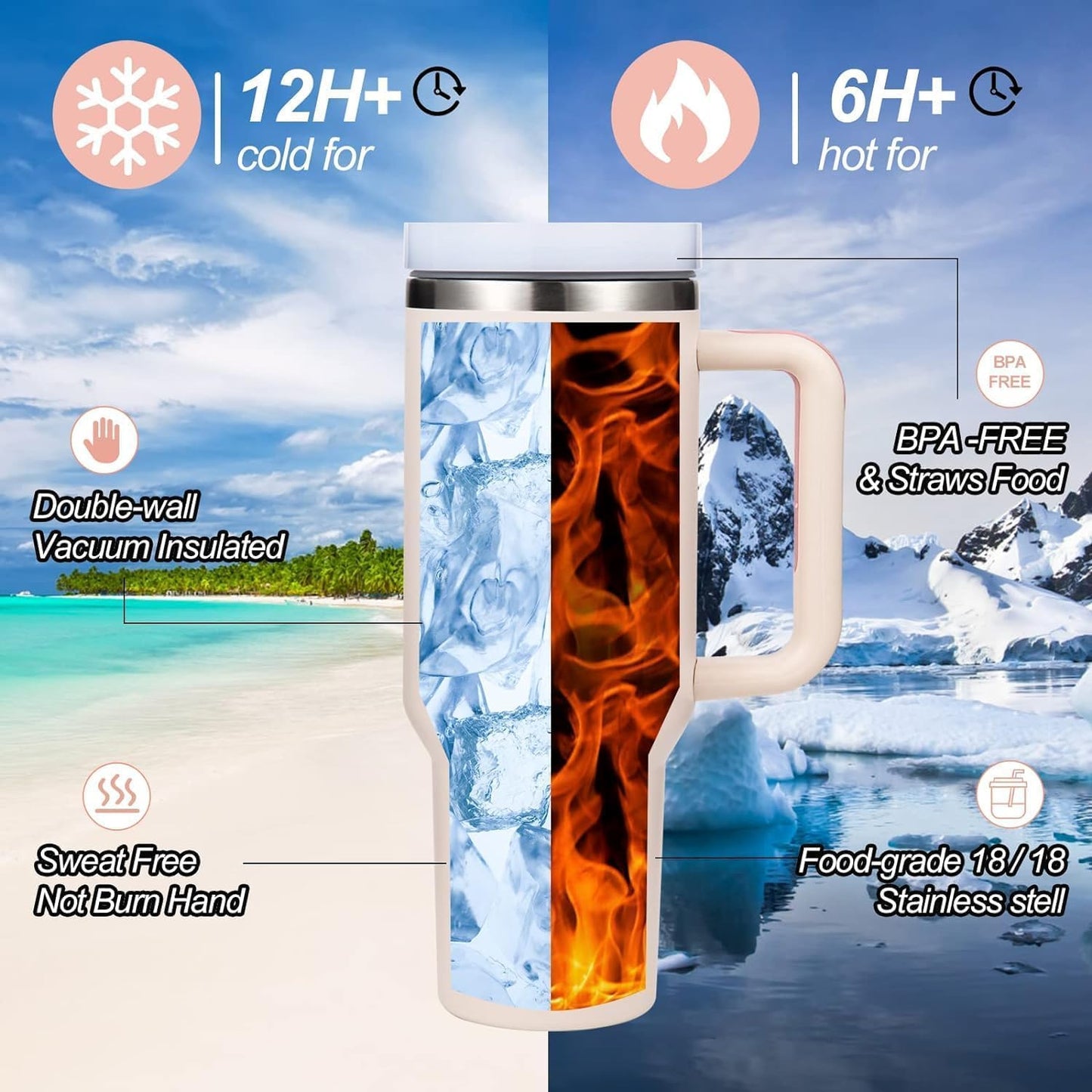 Hot and Cold Tumbler with Handle and Straw Lid Double Insulated Cup Reusable Stainless Steel Water Bottle