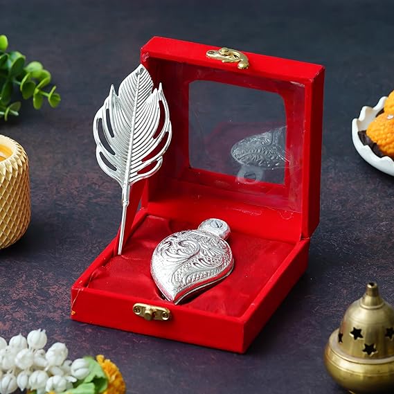Silver Sindoor / Kumkum Pot Set with Morpankh Stick
