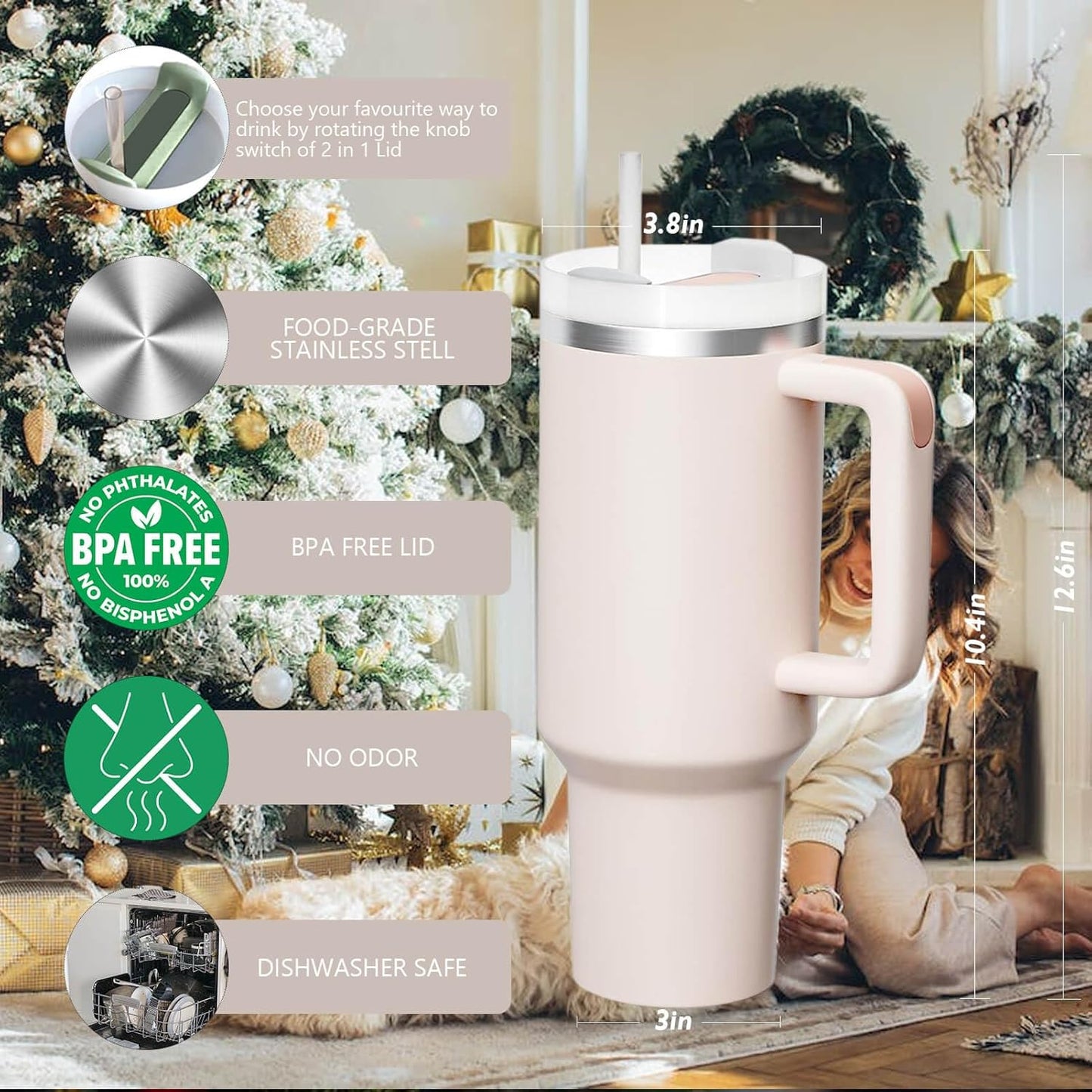 Hot and Cold Tumbler with Handle and Straw Lid Double Insulated Cup Reusable Stainless Steel Water Bottle