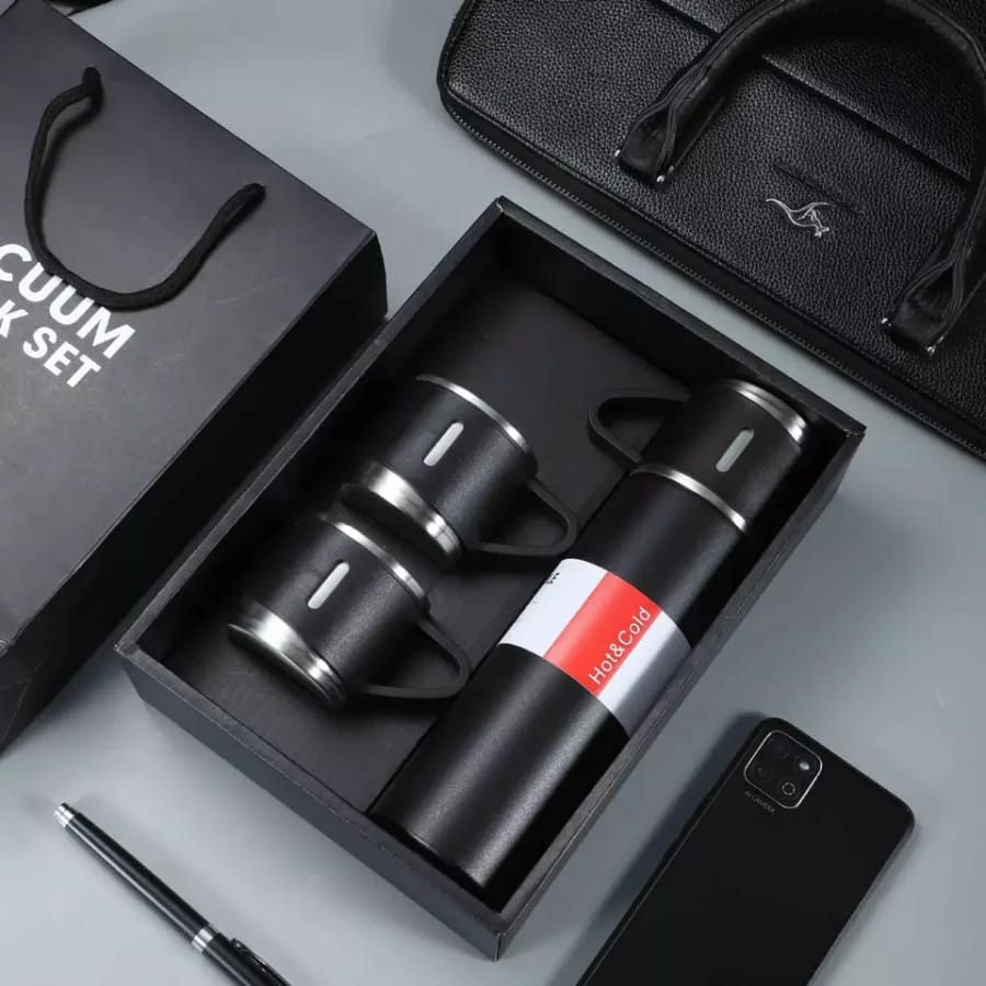 Double Wall Stainless Steel Thermo 500ml Vacuum Insulated Bottle Water Flask Gift Set with Two Cups Hot & Cold
