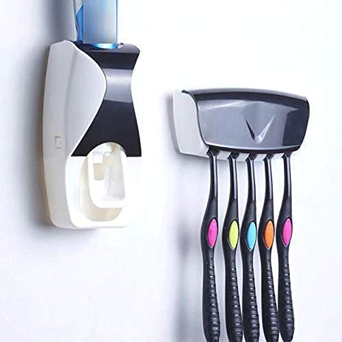 Hands Free Wall Mounted Plastic Dust Proof Automatic Toothpaste Dispenser and Detachable Hole 5 Toothbrush Holder