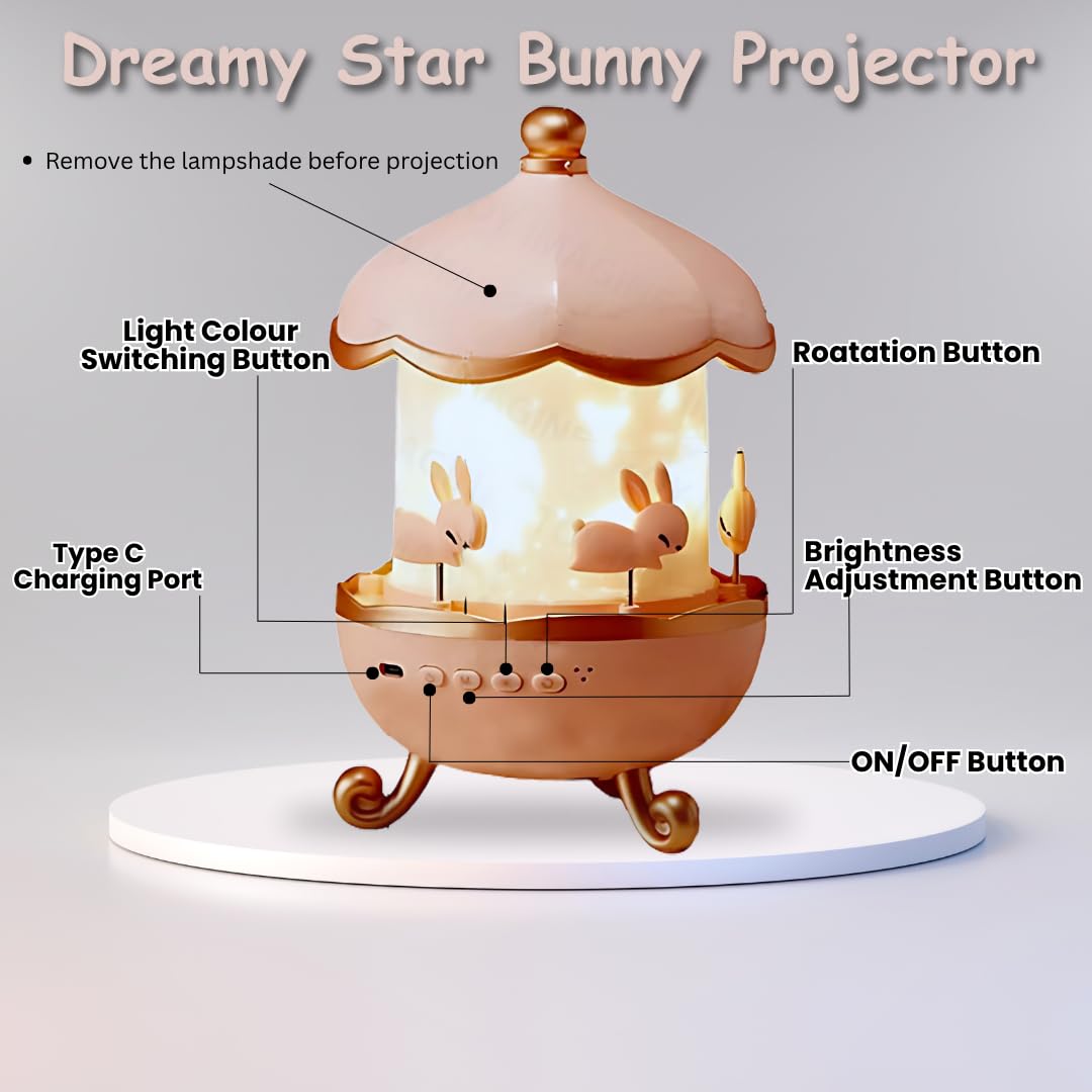 Plastic Bunny Night Light Cabin Projector Lamp 360° Rotatable LED for Kids Room Décor