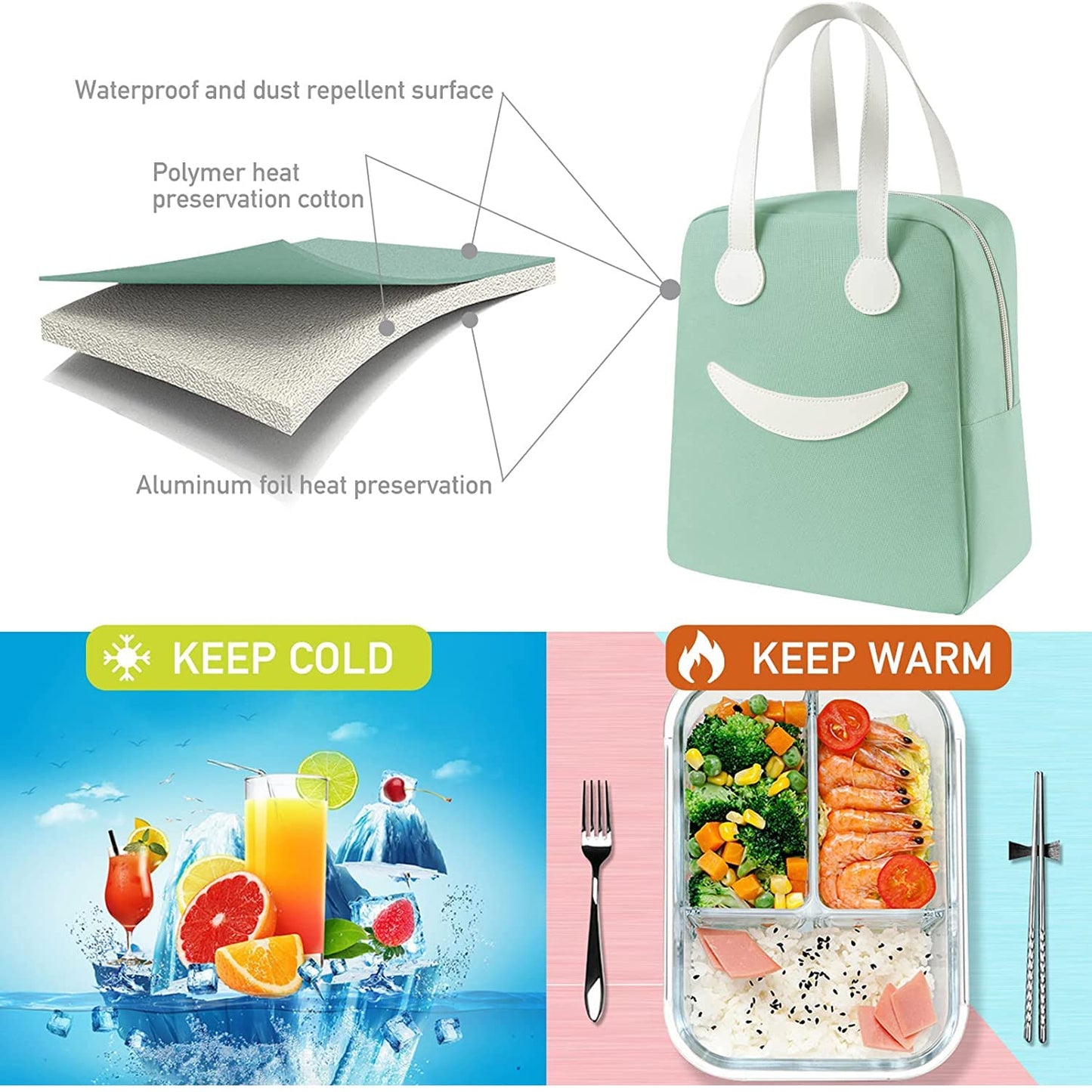 Insulated Lunch Bag for Men Women Kids Boy Girl, Smiley Design Tote Lunch Bag