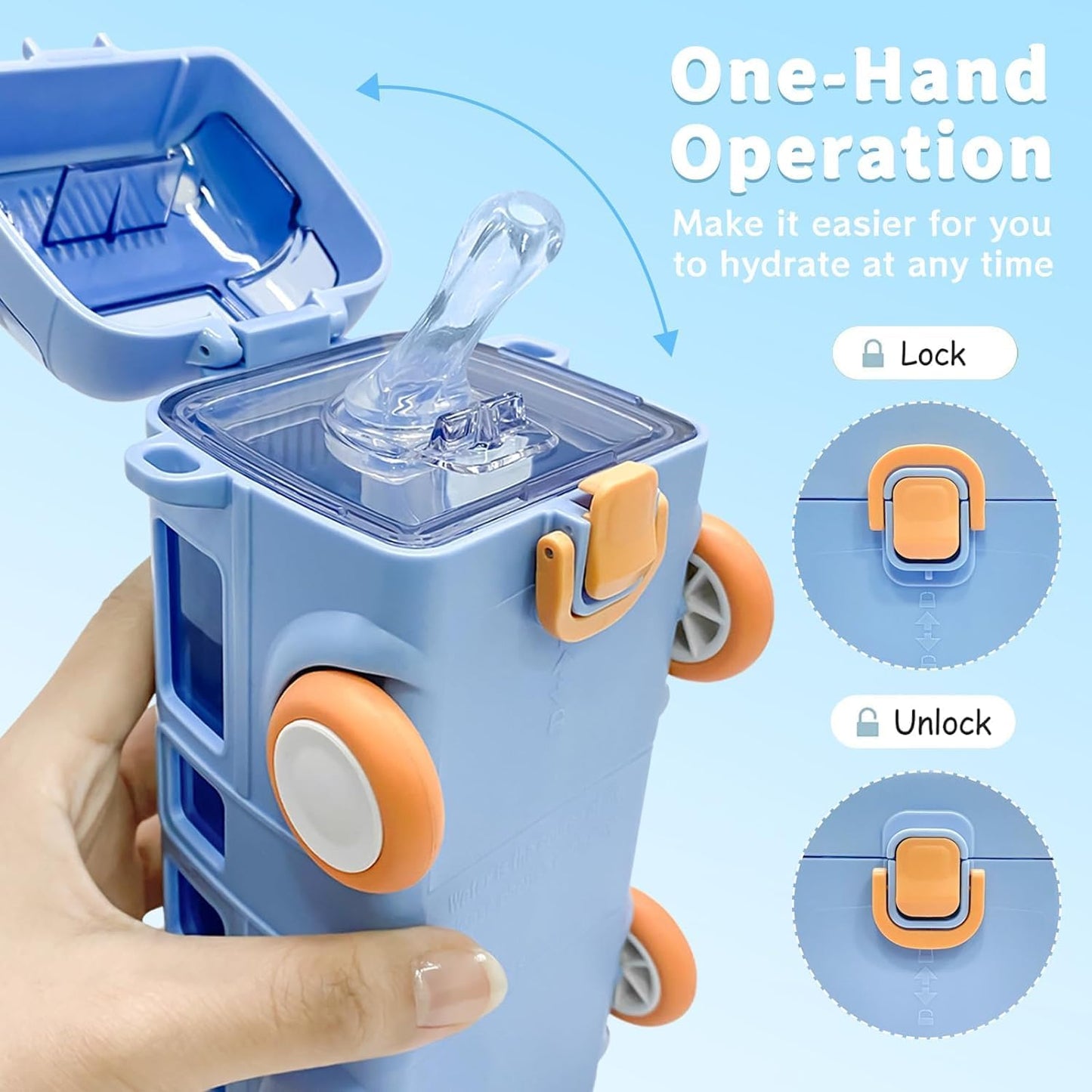 Bus Water Bottle For Kids With Strap, Sipper, & Straw