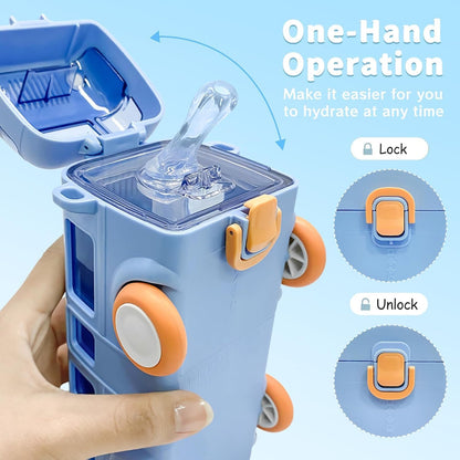 Bus Water Bottle For Kids With Strap, Sipper, & Straw