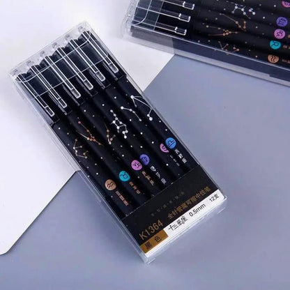 Erasable Galaxy Printed Zodiac Gel Pen with Constellation star Design, 0.5mm tip blue ink Office School Stationary Supplies  { pack of 12 }