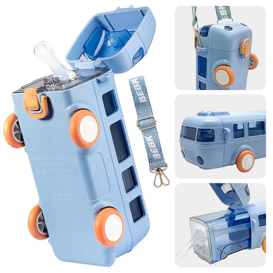 Bus Water Bottle For Kids With Strap, Sipper, & Straw