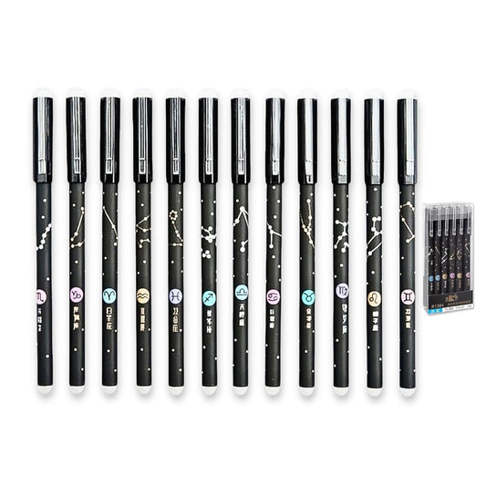 Erasable Galaxy Printed Zodiac Gel Pen with Constellation star Design, 0.5mm tip blue ink Office School Stationary Supplies  { pack of 12 }