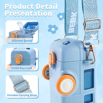 Bus Water Bottle For Kids With Strap, Sipper, & Straw