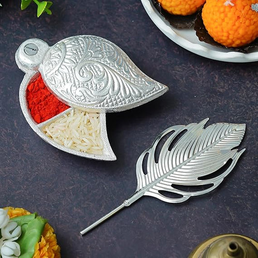Silver Sindoor / Kumkum  Pot Set with Morpankh Stick