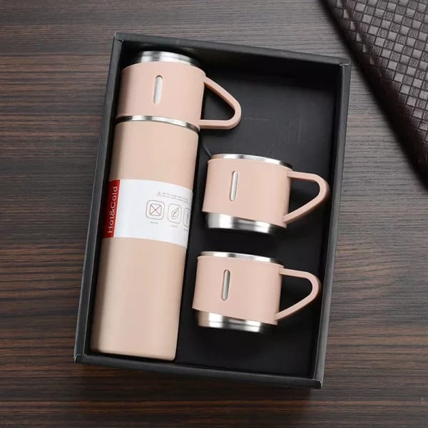 Double Wall Stainless Steel Thermo 500ml Vacuum Insulated Bottle Water Flask Gift Set with Two Cups Hot & Cold