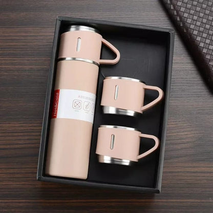 Double Wall Stainless Steel Thermo 500ml Vacuum Insulated Bottle Water Flask Gift Set with Two Cups Hot & Cold
