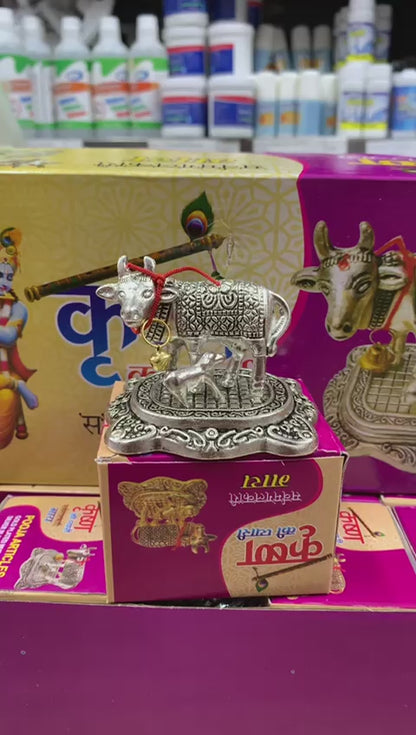 Handicraft Metal Kamdhenu Cow and Calf Idol Gold & Silver Finish Holy Spiritual Excellent Vastu Correction Remedy for Financial Problems